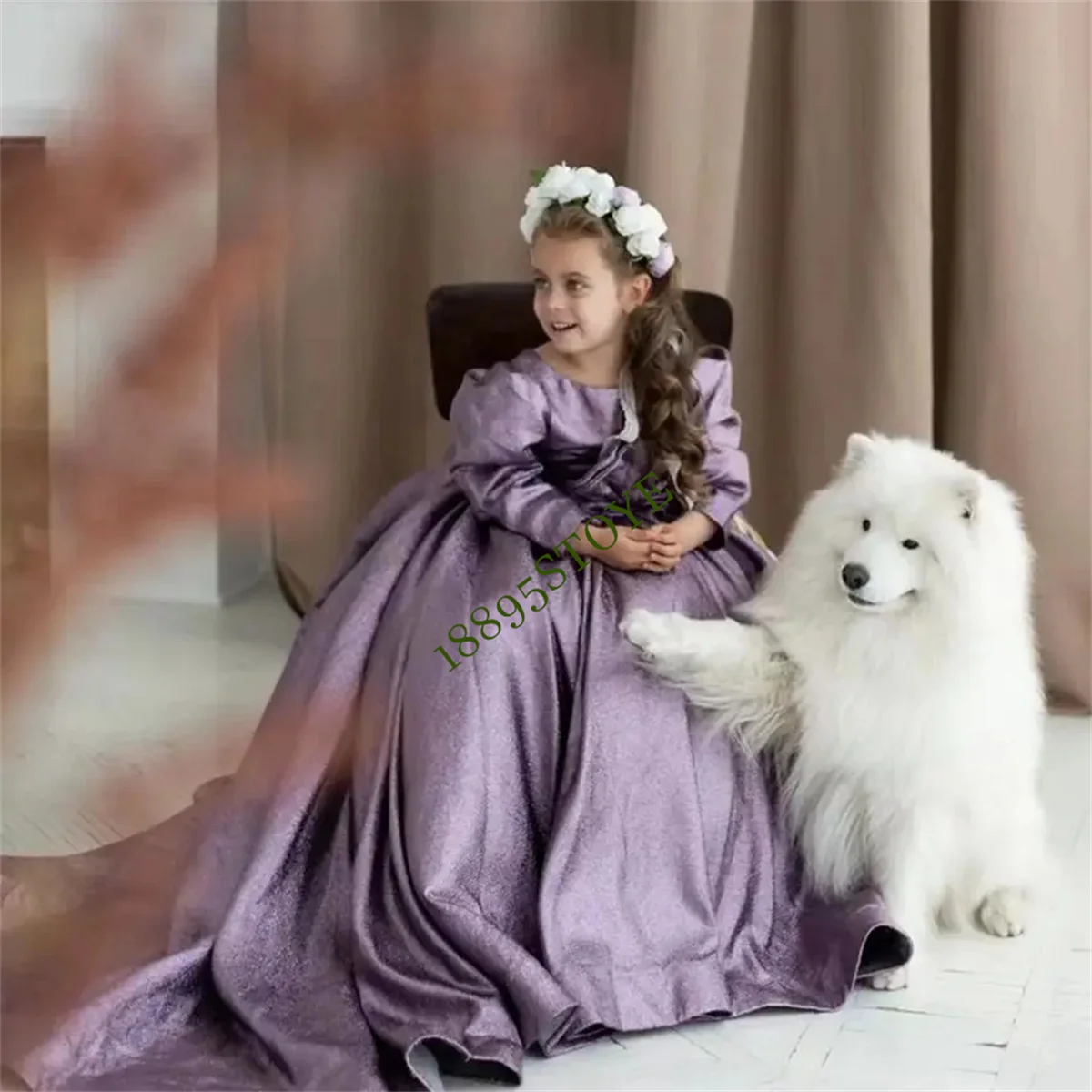 Elegant Purple Flower Girl Dresses For Weddings 2022 Full Sleeves With Bow Girl Evening Birthday Party Piano Performance Dresses