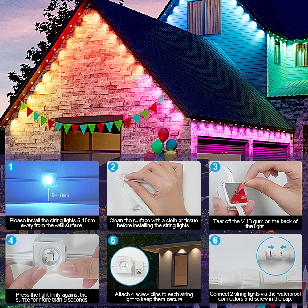 RGB Smart Eaves Light Водонепроницаемый постоянный уличный светильник IP67 Красочные DIY Scene Eave Настенные гирлянды с дистанционным управлением через приложение