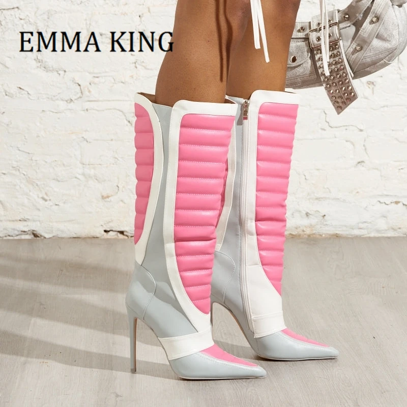 Women Stiletto Heel Mid Calf Boots Sexy Pointed Toe Multicolor Pink High Heels Boots Fashionable Color Block Cowboy Shoes 35-44