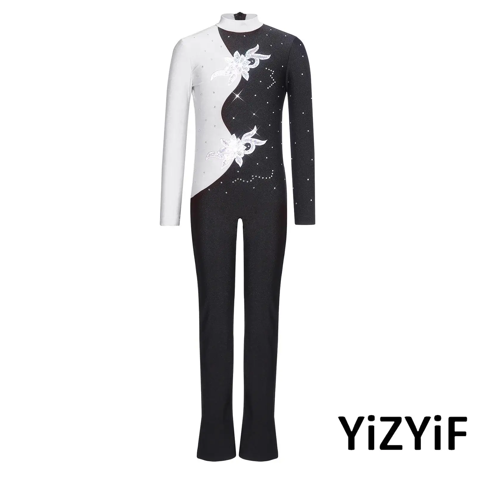 

Girls Boys Figure Skating Dance Jumpsuit Shiny Rhinestone Sequined Applique Color Block Bodysuit Modern Jazz Latin Dance Outfit