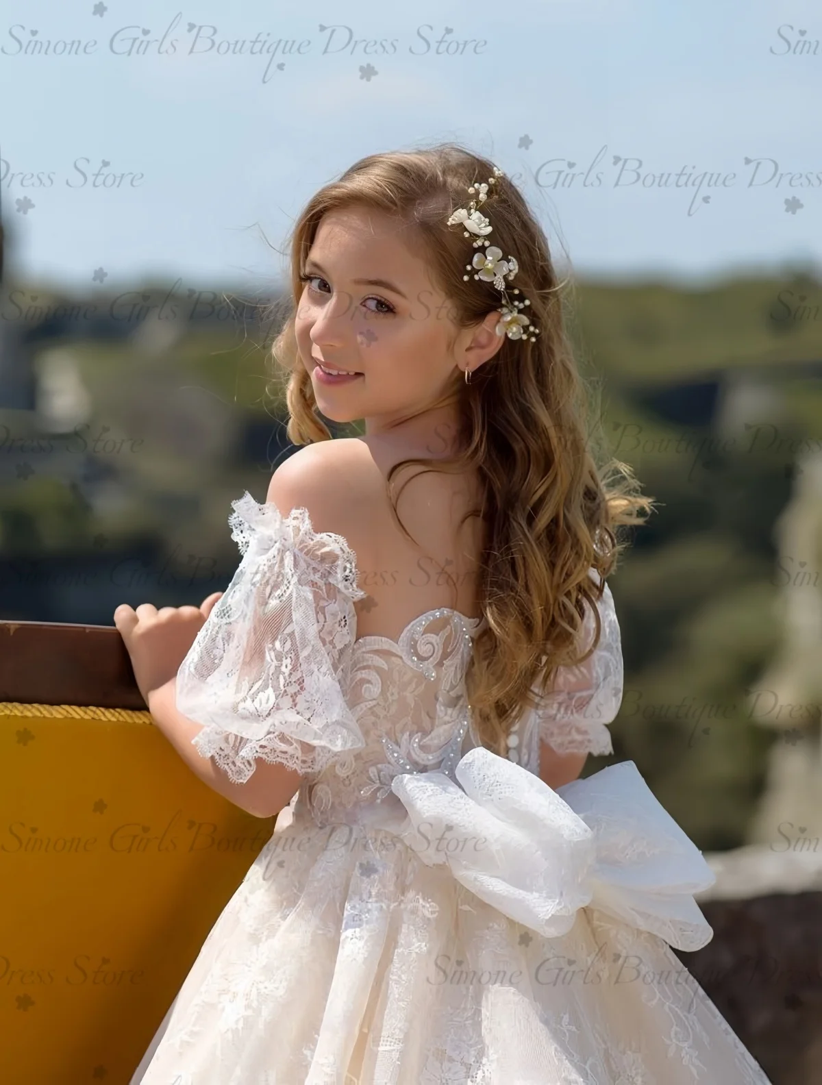 White Flower Girl Dresses for Wedding Bow Lace Appliques Floor Length Girls Kids Birthday Party Communion Party Gowns Customized