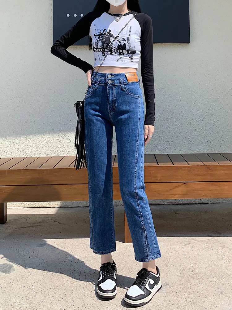 Cintura alta perna reta jeans feminino primavera outono cintura alta emagrecimento plus size gordura mm nove pontos combinar todos e tu...