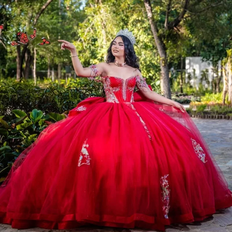 

Customized Red Quinceanera Dresses Off the Shoulder flower crystal applique Lace Big Bow Long tail Vestido 15 Quinceanera