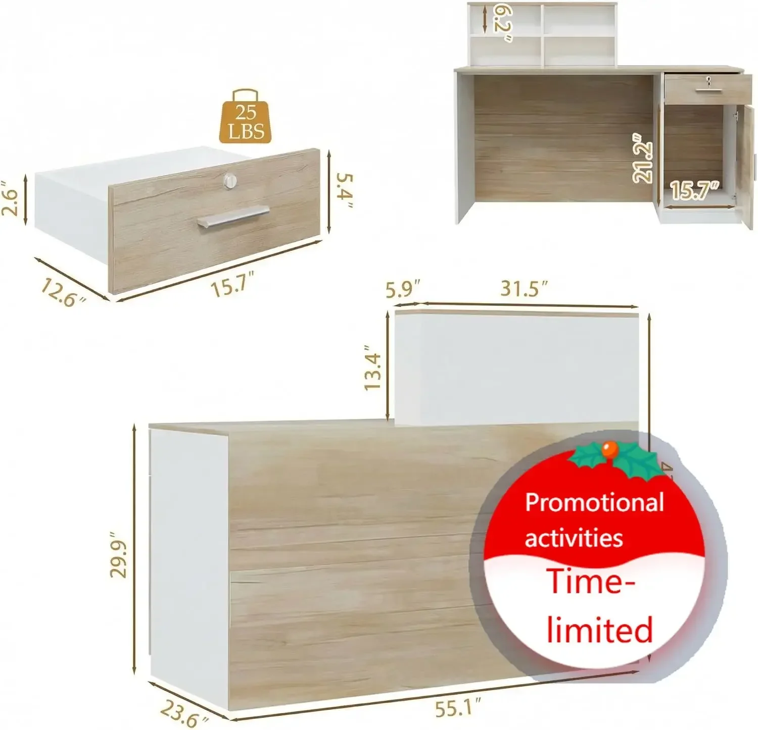 Modern Reception Desk with Lockable Drawer, Small Business Front Desk with Storage Cabinet and Open Shelves, Office Retail Check