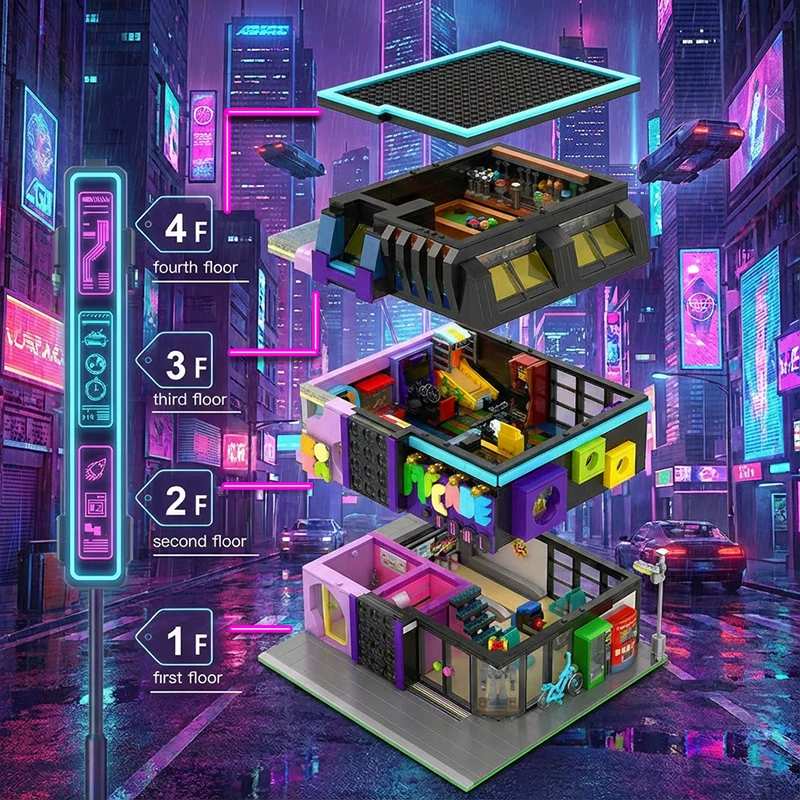 Ensemble de construction Cyberpunk pour salle d'arcade, 2600 pièces, avec éclairage, Architecture de ville, bloc de construction modulaire, Kit d'assemblage, modèle, cadeau pour adultes