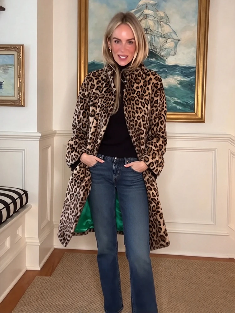 Edgy Leopard Print Faux Fur Overcoat Loose Vintage Stylish Chic Classic Women Long Jacket Trendy Autumn Party Street Outerwear