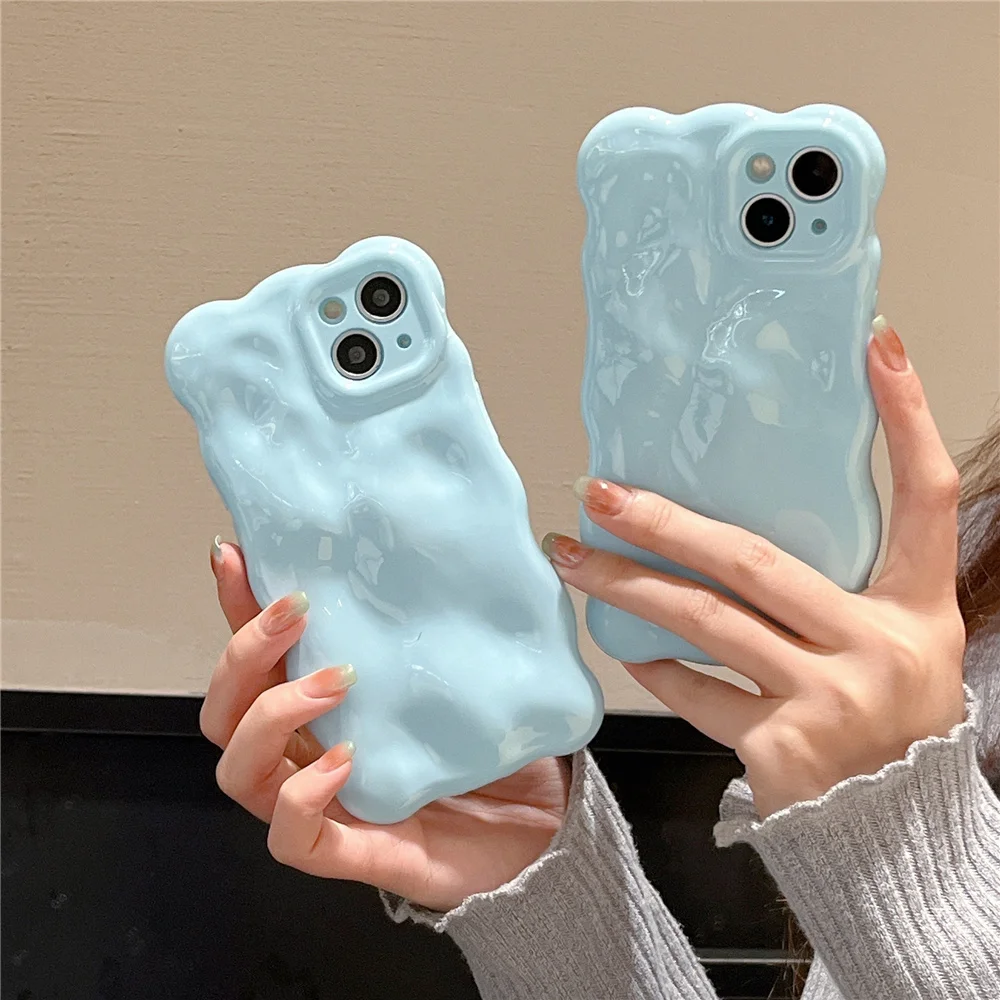 Luxury Bumper Soft gloss Silicone Phone Case for iPhone 14 ProMax 11 12 13 Pro Max wavy Blue Solid Color Shockproof Cover