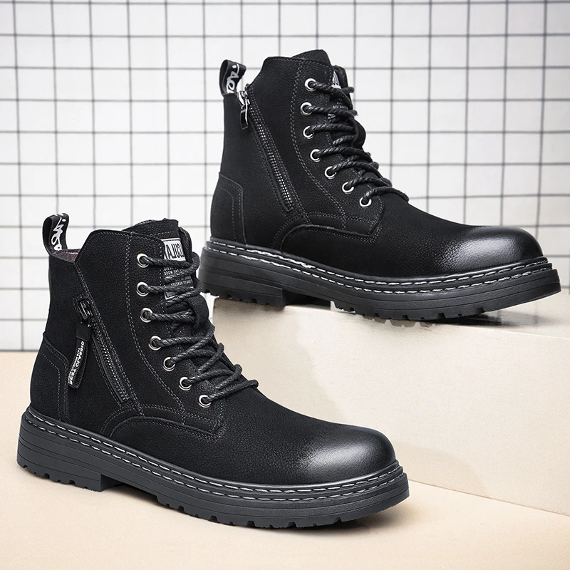 

Winter Side Zip Leather Boots High Top Trend Boots Genuine Leather Outdoor Combat Boots Men Botas Outdoor Safety TrendBoots