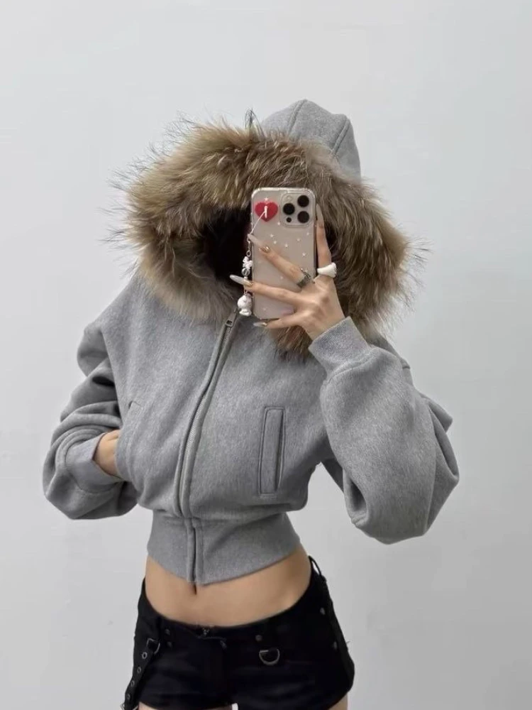 Chaqueta con capucha de manga larga Harajuku Vintage americano para mujer, abrigo informal de piel sintética de Color puro, ropa de calle con cremallera, otoño 2025