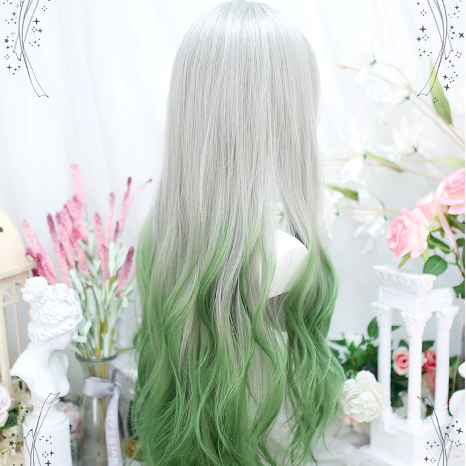 Cosplay Wig Female Synthetic Long Wavy Wigs For Women Grey  Green Lolita Wigs Long Curly