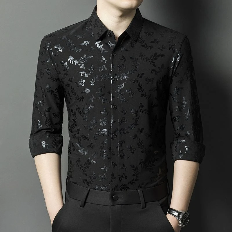 

2026 Spring New Arrival High End Seamless Wrinkle Free Glittering Gold Shiny Long Sleeve Men's Shirt