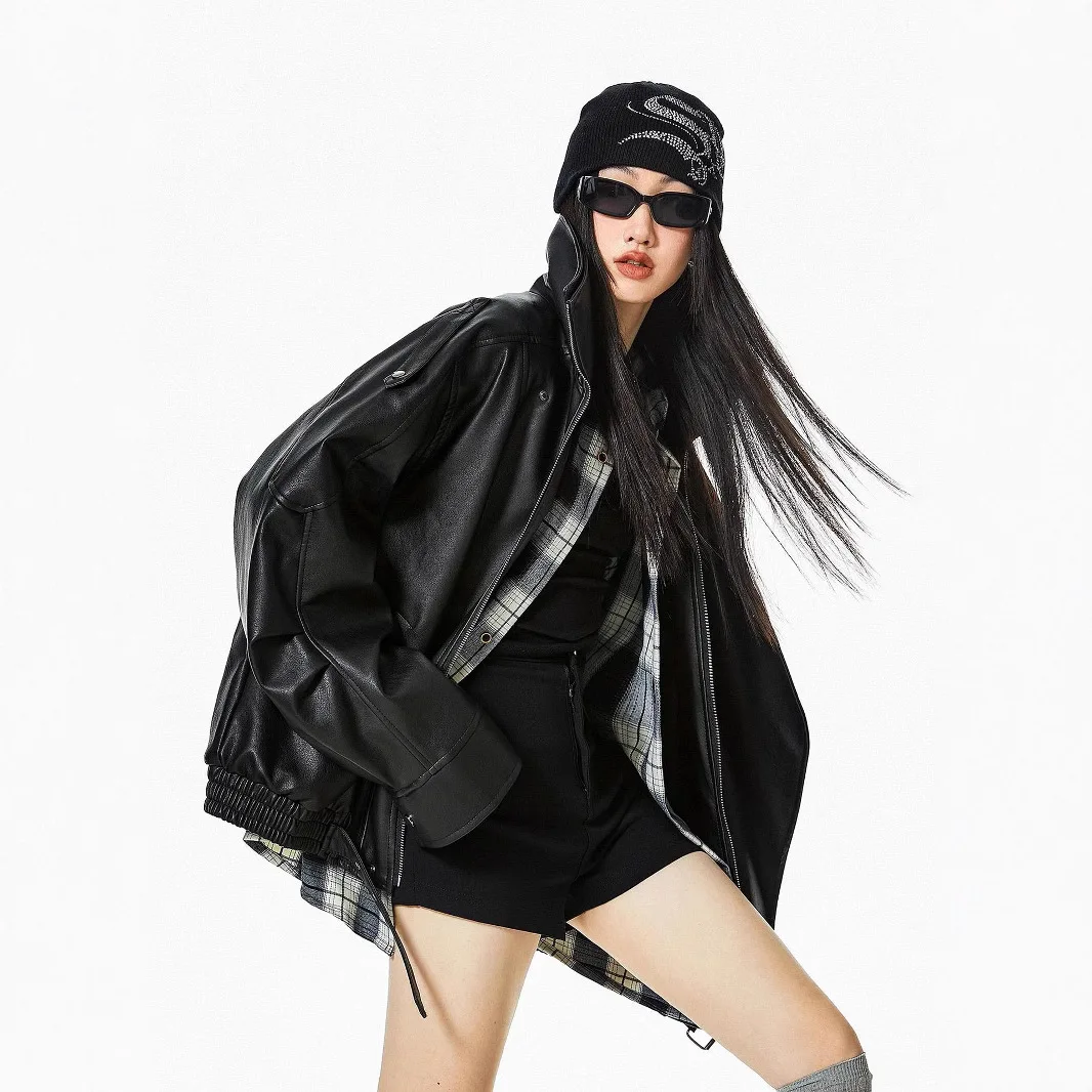 Spring New Retro Stand-up Collar Locomotive Leather Jacket PU Jacket Top Short Outside