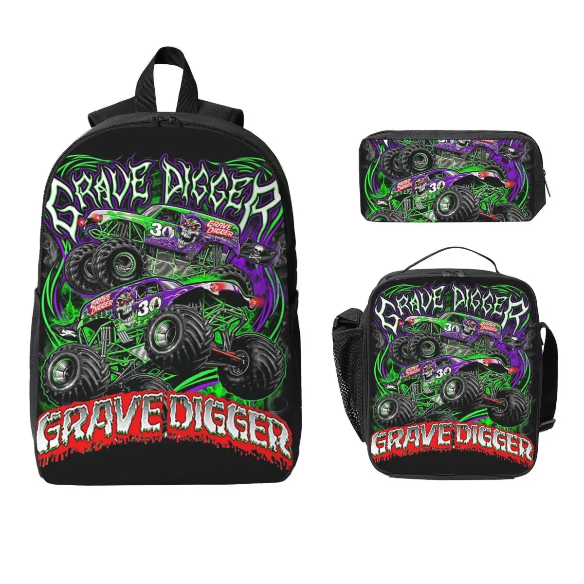 

Monster Jam Grave Digger Monster Truck Художественный рюкзак Студенческий рюкзак для мальчиков и девочек Школьная сумка 3 шт. Изолированная сумка для обеда Пенал