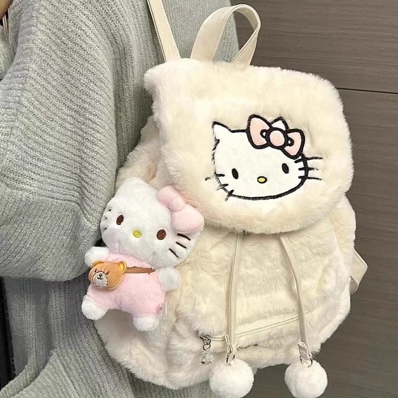 

Cute flip cover new autumn and winter backpack, plush and sweet backpack, Kuromi Hello Kitty student large capacity backpack