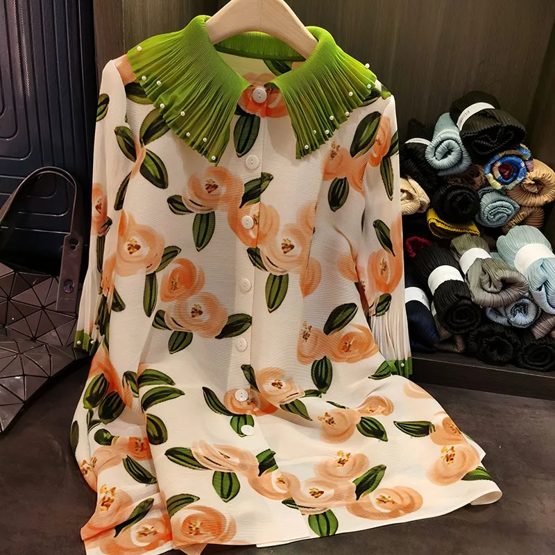 Miyake geplooide jurk High-end leeftijdsverlagende kralen poppenkraag shirtjurk ontwerp bedrukt plus size plooijurken met enkele rij knopen