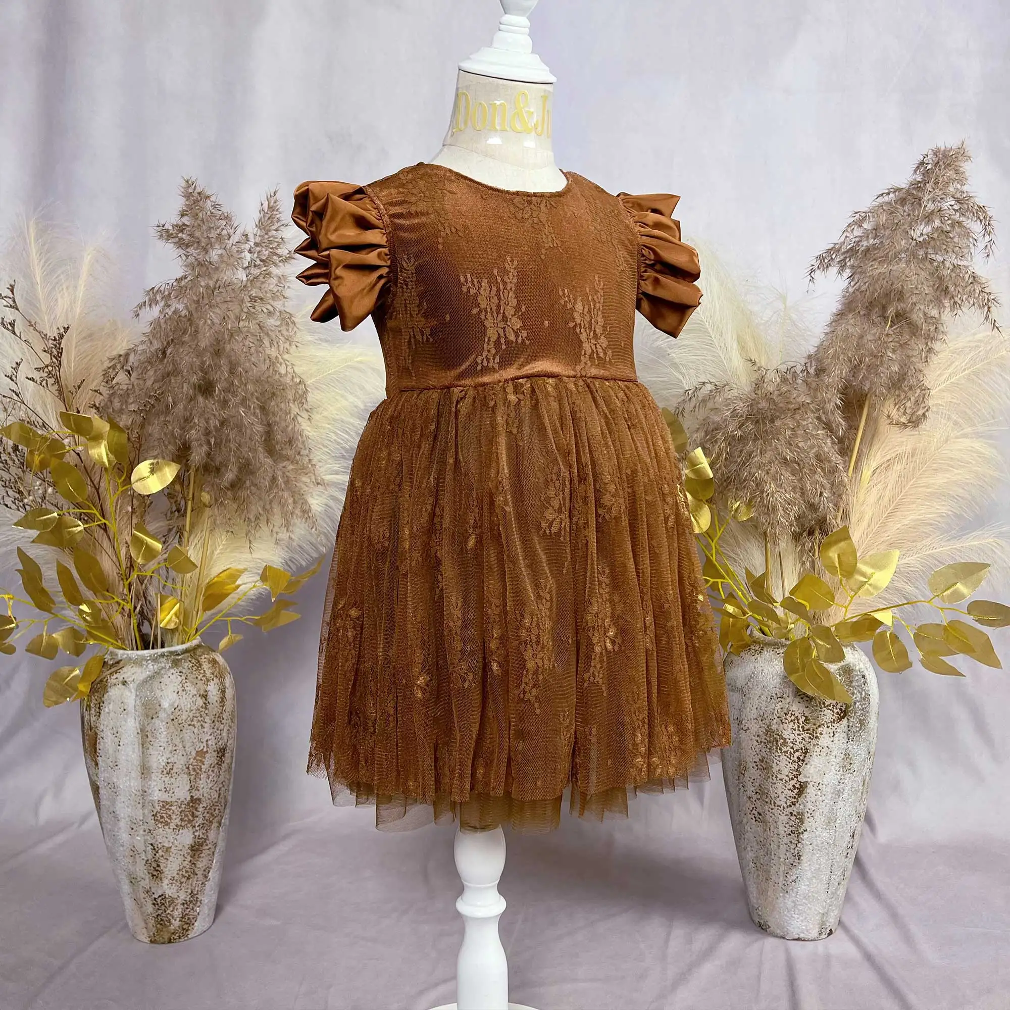 

Caramel Double-Layered Ruffled Short Sleeve Dress Birthday Festive Princess Gown Flower Girl Dresses Photo Shoot 1-6 Years Old