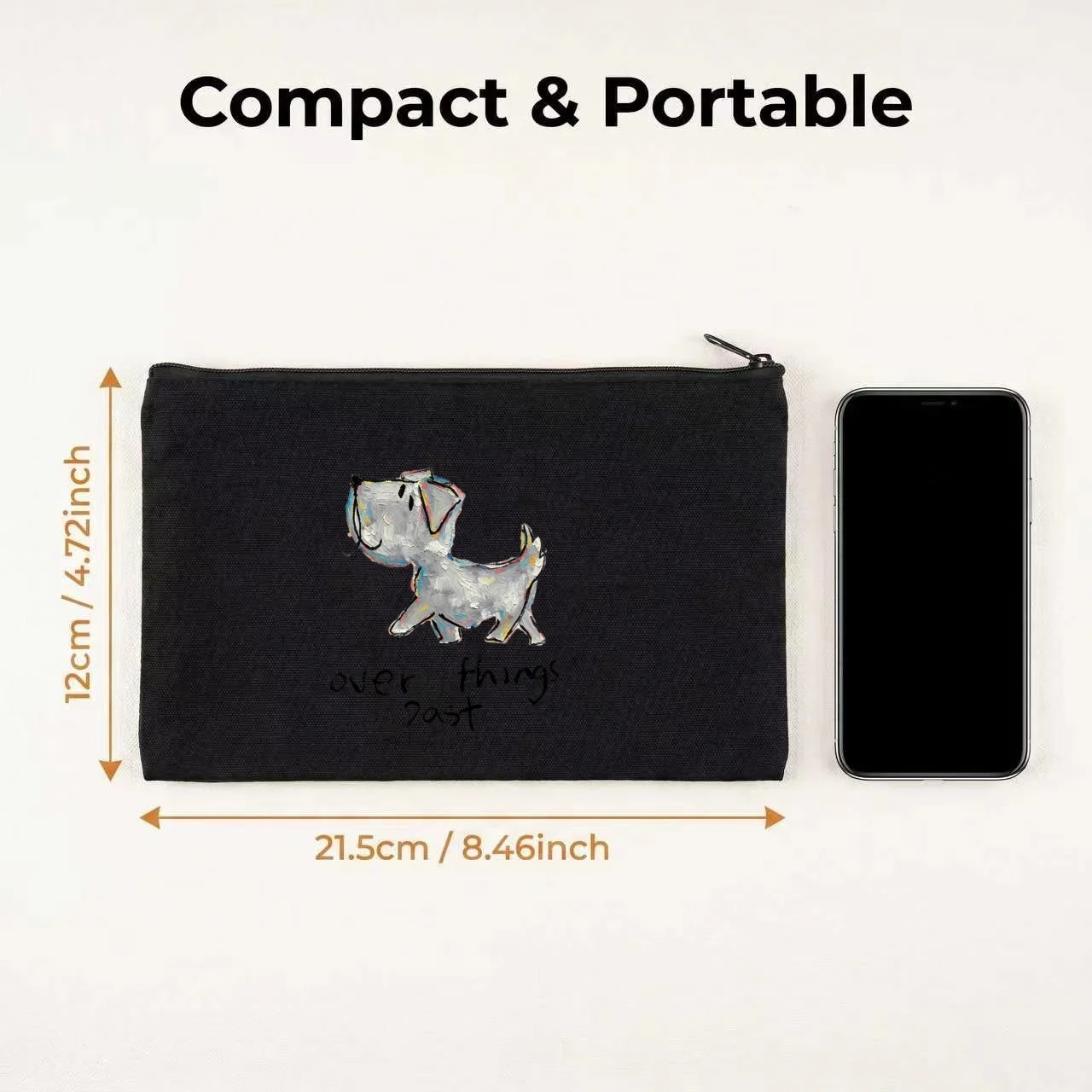 1PC Sketch Textured Terrier Dog Over Things Past Quote Canvas Cosmetic Bag Double Sided Portable Zipper Pouch