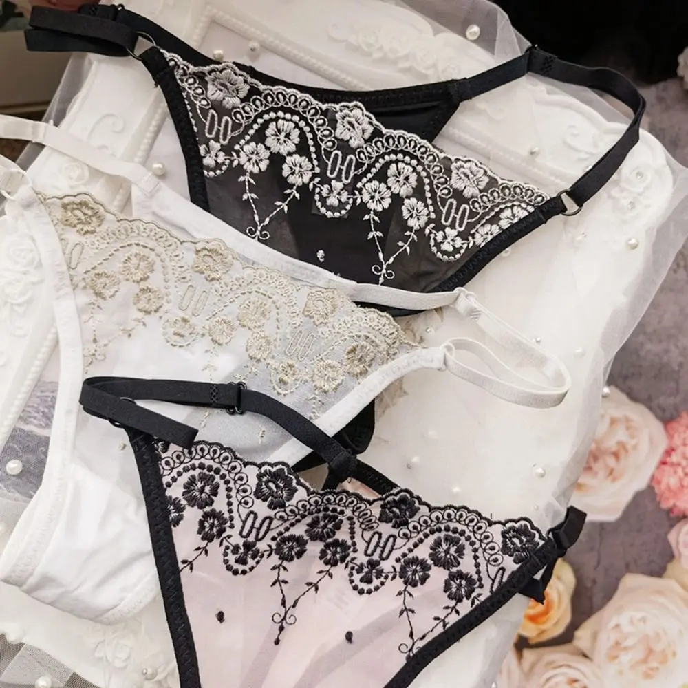 Embroidery Flower Thin Strap Bikini Thong Underwear Cotton Crotch Women Thong Female Lingerie Low Waist Panties Lace Panties