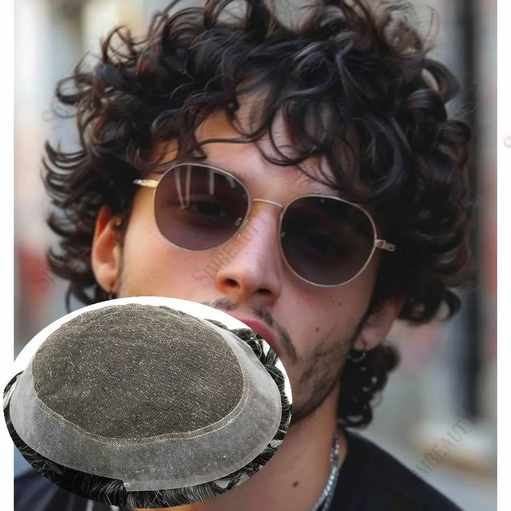 

Швейцарский кружевной парик из искусственной кожи, мужские вьющиеся парики 28 мм, человеческие волосы, австралийский мужской протез, система замены парика для лысиych мужчин