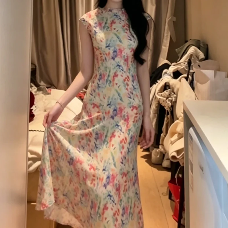 Elegant Pleated Texture Print Oil Painting Dress Women's Spring Autumn New Waist Cinching Slimming  Long Skirt