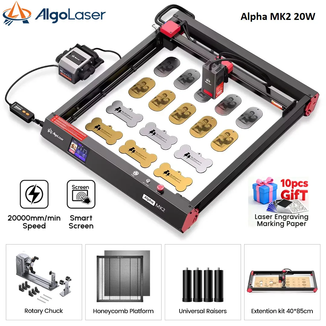 AlgoLaser 20W Uscita Professionale Macchina per incisione laser ad alta precisione Alpha MK2 con pompa d'aria per vetro in acciaio inossidabile fai da te