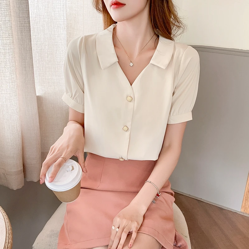 New Summer Short Sleeve Turn Down Collar Women Shirt Casual Chiffon Shirt Blouse Women Tops Blusas Mujer De Moda 2024 Verano J10