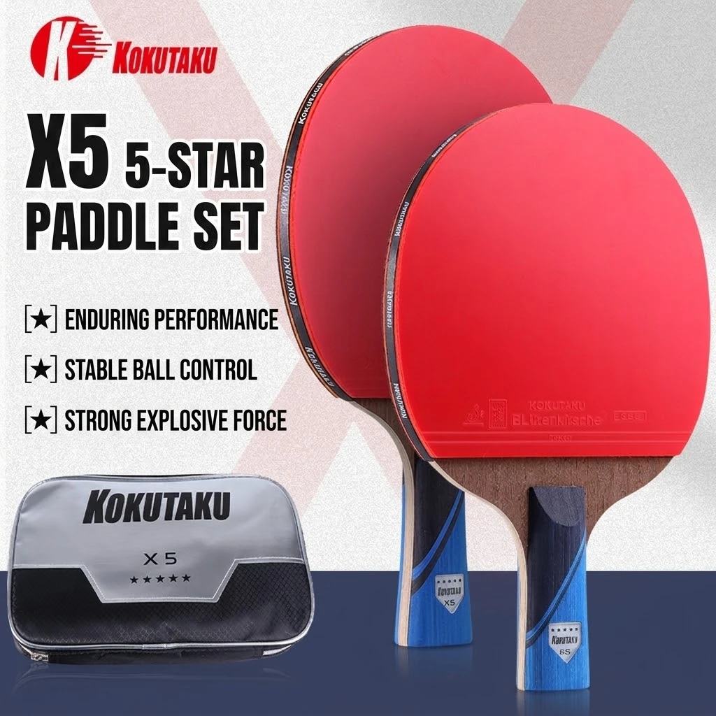 

Kokutaku 2-Piece Five-Star Table Tennis Racket Set, Seven-Layer Carbon Chicken Wing Wood Table Tennis Racket, Double-Sided High-Elastic Sticky Rubber Table Tennis Racket