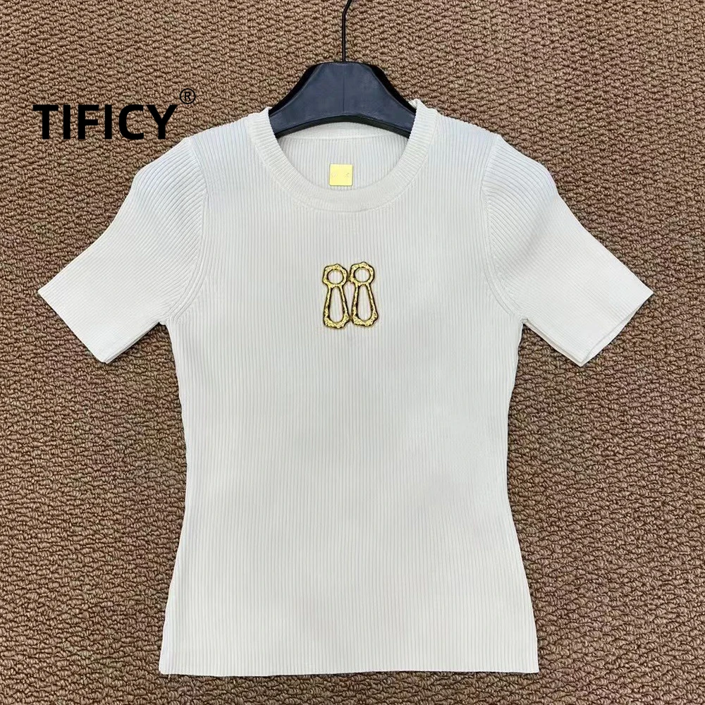 

Женская трикотажная футболка High Street Tees: новая модель для повседневной носки, облегающая, абрикосового цвета, с эластичными вставками и узором в рубчик