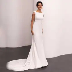 Vestido de novia Civil modesto con cuello redondo para mujer, funda con tapa de cristal, manga, tren de corte, vestido de novia sin espalda, hecho a medida