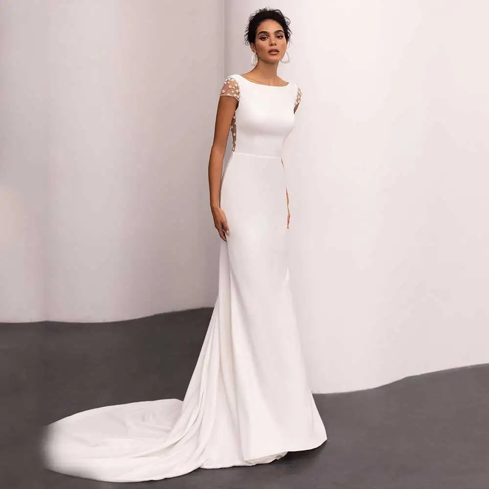 Customized Modest Scoop Neck Civil Wedding Dress Sheath For Women With Crystal Cap Sleeve Court Train Bridal Gown Backless Custo