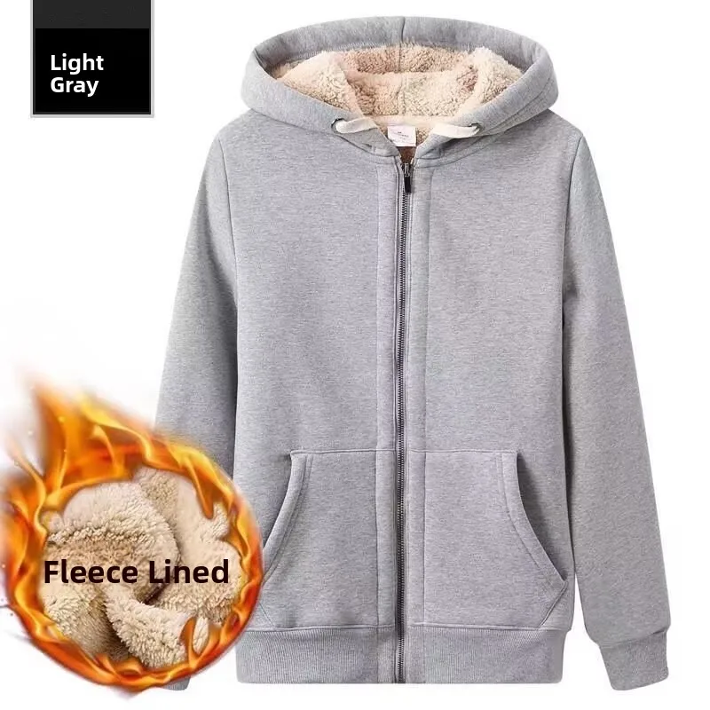 Men's Hooded Sweatshirt Lamb Velvet Thickened Winter Casual Loose Cardigan Coat Warm Cozy Polyester Blend Long Sleeve Zipper