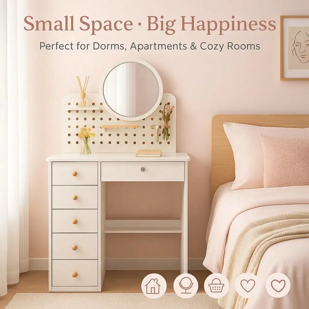 Vanity Desk Set with Large LED Mirror , Makeup Table with 6 Drawers , 3 Color Modes Adjustable, White