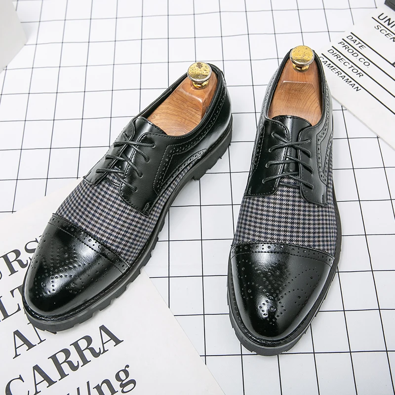 

Thick Soled Men Casual Business Dress Shoes Patchwork Anti Slip Breathable Carved Color Matching Fashionable Trendy Shoes