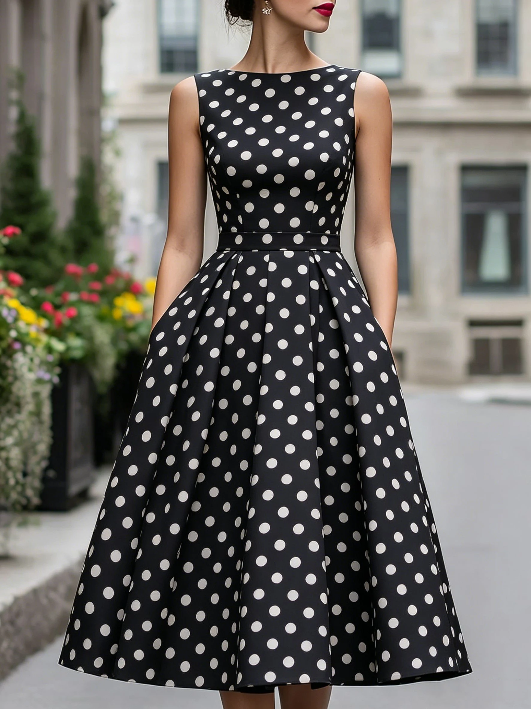 Elegant Black A-Line Dress with Classic White Polka Dot Print Vintage Sleeveless Midi Dress for Formal Casual Occasions Dresses