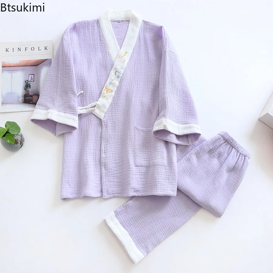 2025 Women's Cotton Pajama Sets 2PCS Loose Bathrobes V-Neck Embroidered Kimono Pijama Soft Top and Pants Sleepwear Loungewear