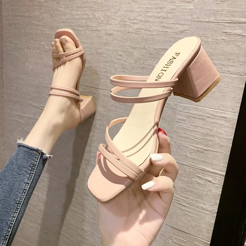 

Women Sandals Ladies Square Heels Elegant Summer Slippers Outside Cross Tied Leather Female Slides 2022 Fashion Woman Sandals