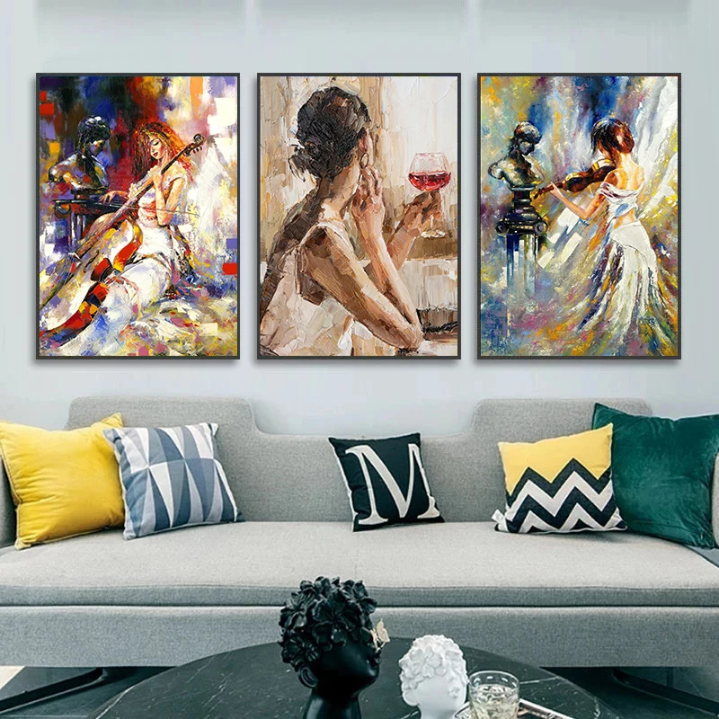 Colorful Violin Music Girl Woman Dress Poster Abstract Oil Painting on Canvas Figure Wall Art Picture for Living Room Decoration