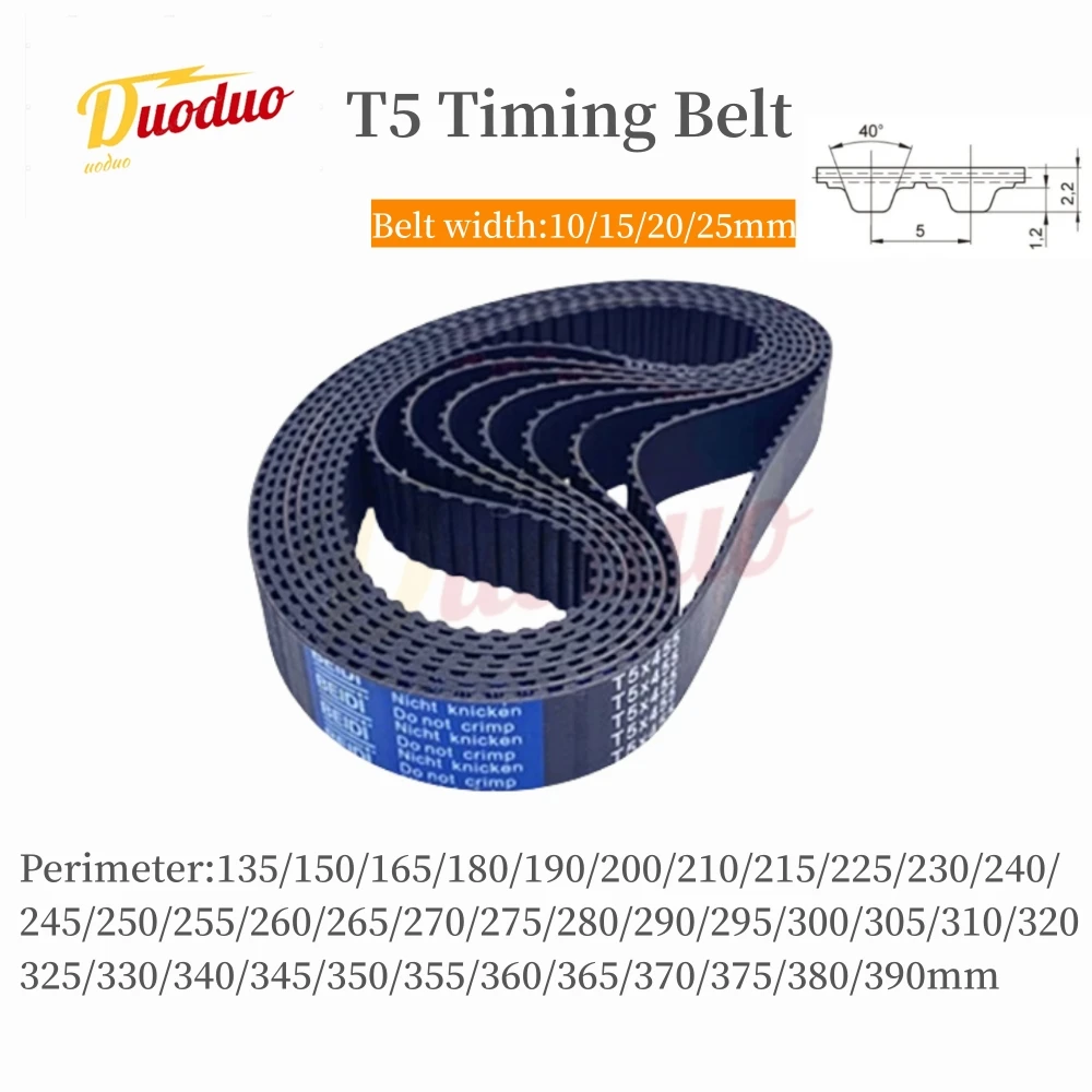 

T5 Timing Belt Rubber Closed Loop Length Perimeter 135 150 165 180 185 190 200 210mm~ 390mm Width 10mm 15mm 20mm 25mm Pitch 5mm