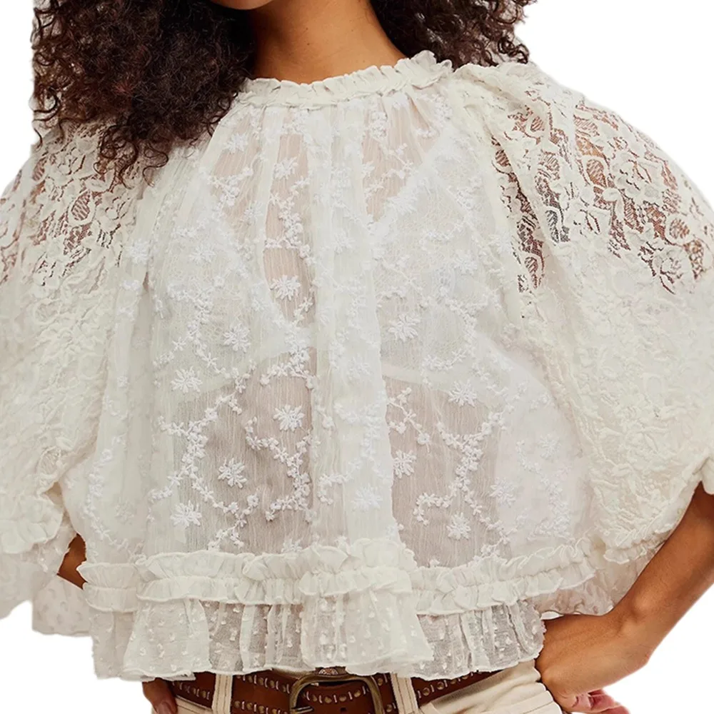 

New Y2k Long Sleeve Lace Sheer O Neck Ruffle Trim Blouse Button Up Flowy Shirts Women
