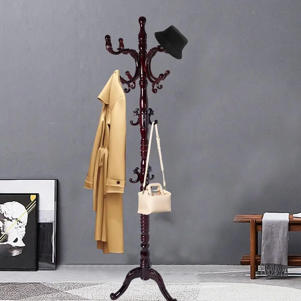 

14-Hook Natural Wood Coat Rack, Adjustable Height, Tri-Legged Base, Suitable for Hallway, Bedroom, and Office