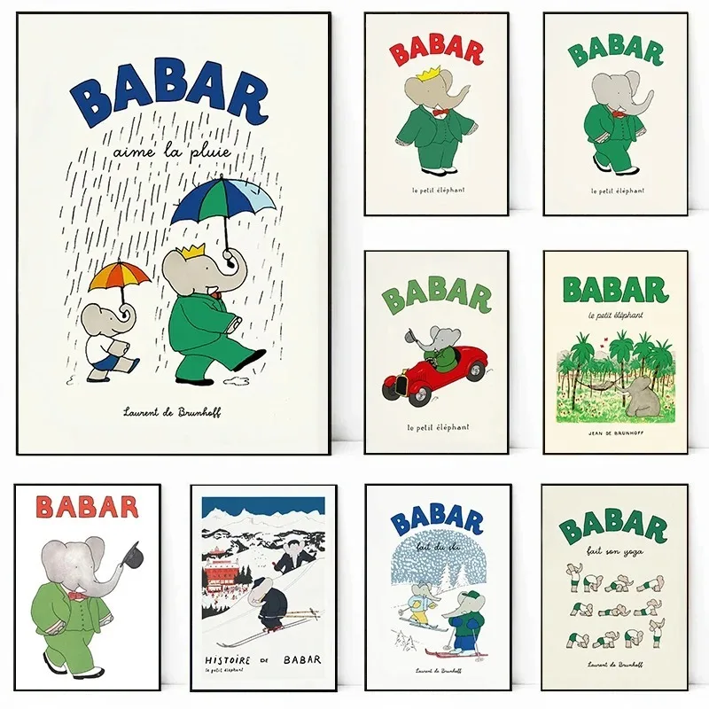 Elefant Babar Frankreich Märchen Poster Leinwand Druck Wand Kunst Bild für Kinderzimmer Kinderzimmer Dekor