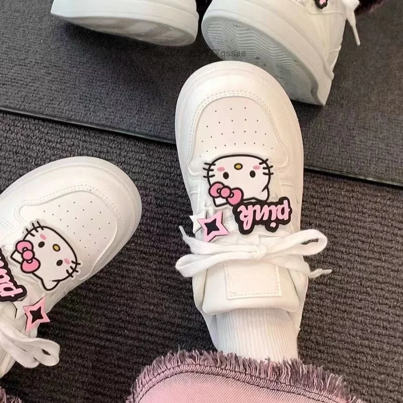 New Star Hello Kitty Lace-up White Sneakers Shoes for Women Student Versatile Casual Thickened Bottom Lightweight Board Shoes