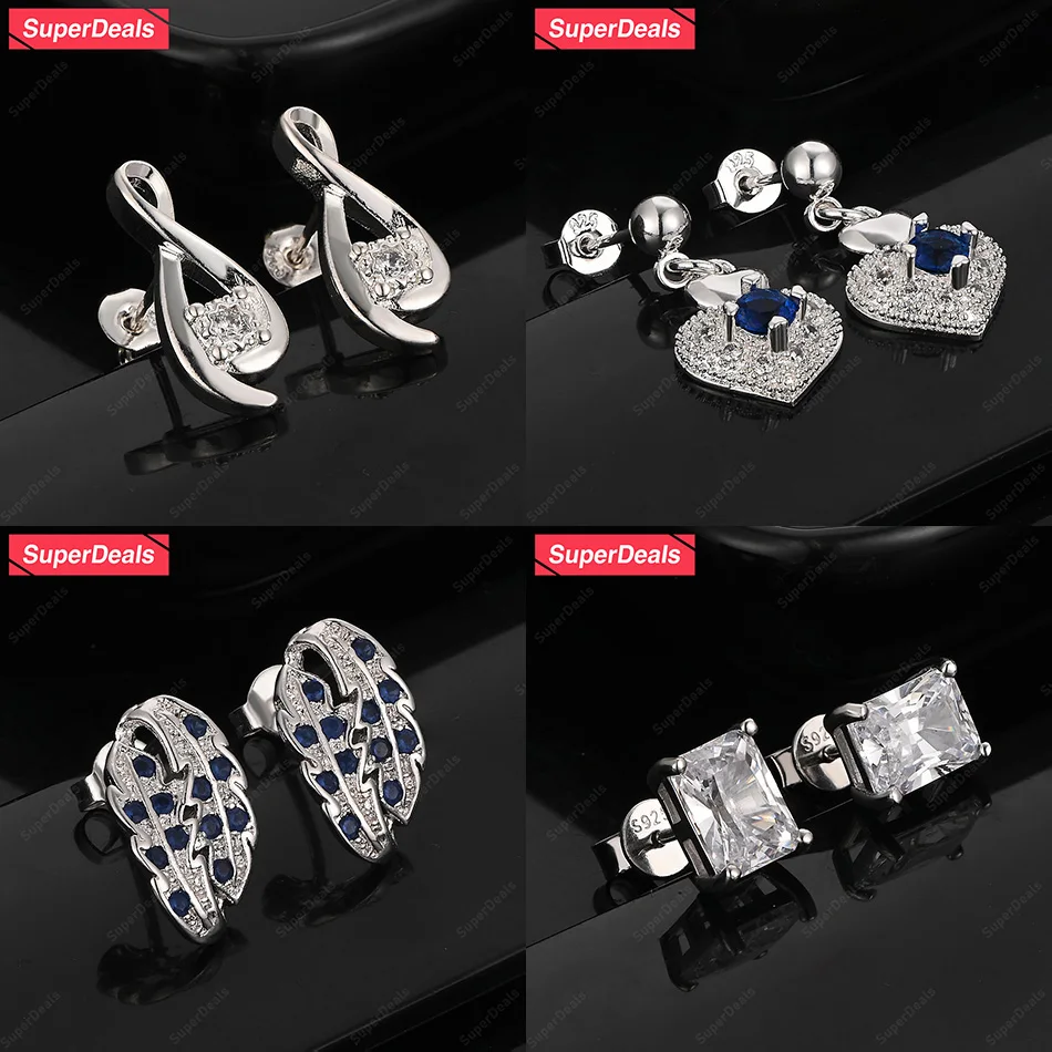 

SuperDeals 925 Sterling Silver Heart Leaf Number 8 Square Zircon Stud Earring For Women Pretty Engagement Wedding Party Jewelry