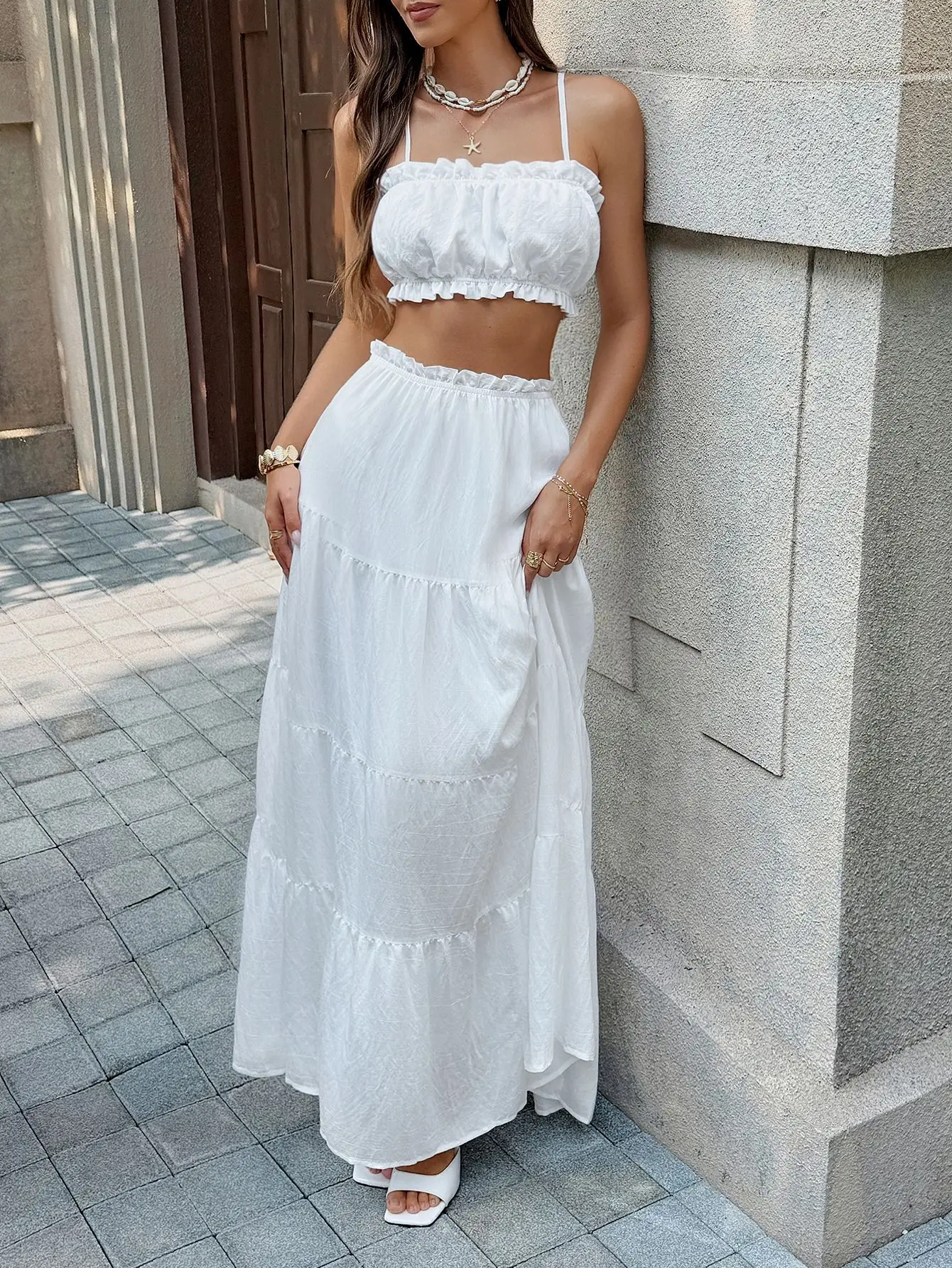

Women's Two Piece Set Best seller White Spaghetti Strap Ruffle Crop Top Tiered Maxi Skirt Beach Vacation Party Daily Outfit