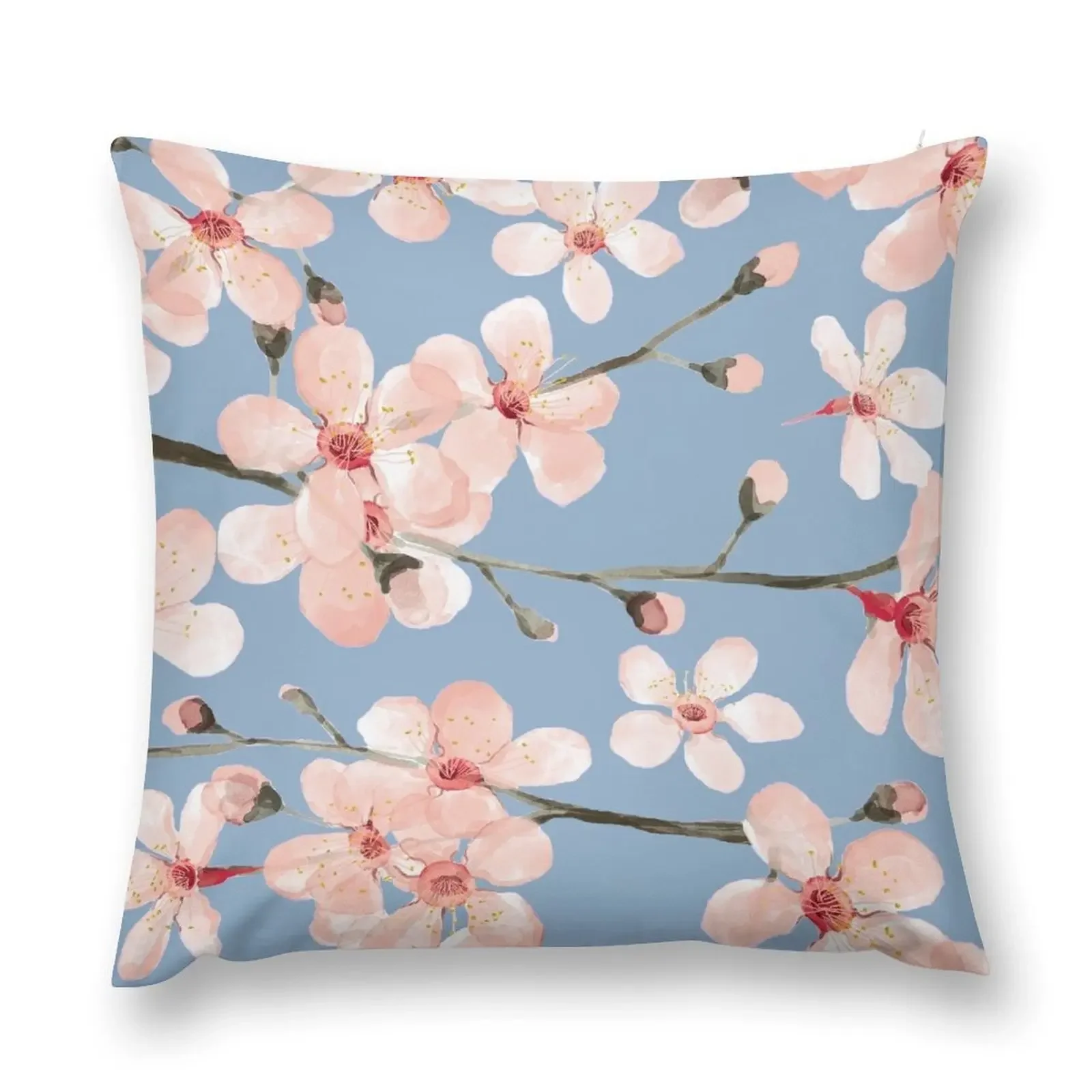 Cherry Blossom, blush pink watercolor on slate blue Throw Pillow Cushion Covers For Living Room Decorative Cushion pillow