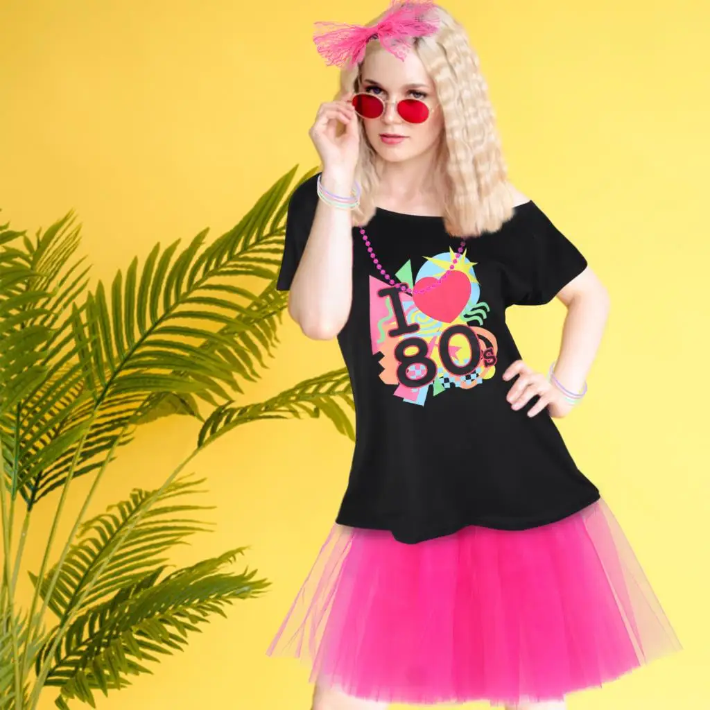 80s Outfit For Women Plus Costumes Size For Women Oversized Clothes Novelty Neon 80s Off Shoulder T-Shirt Tops