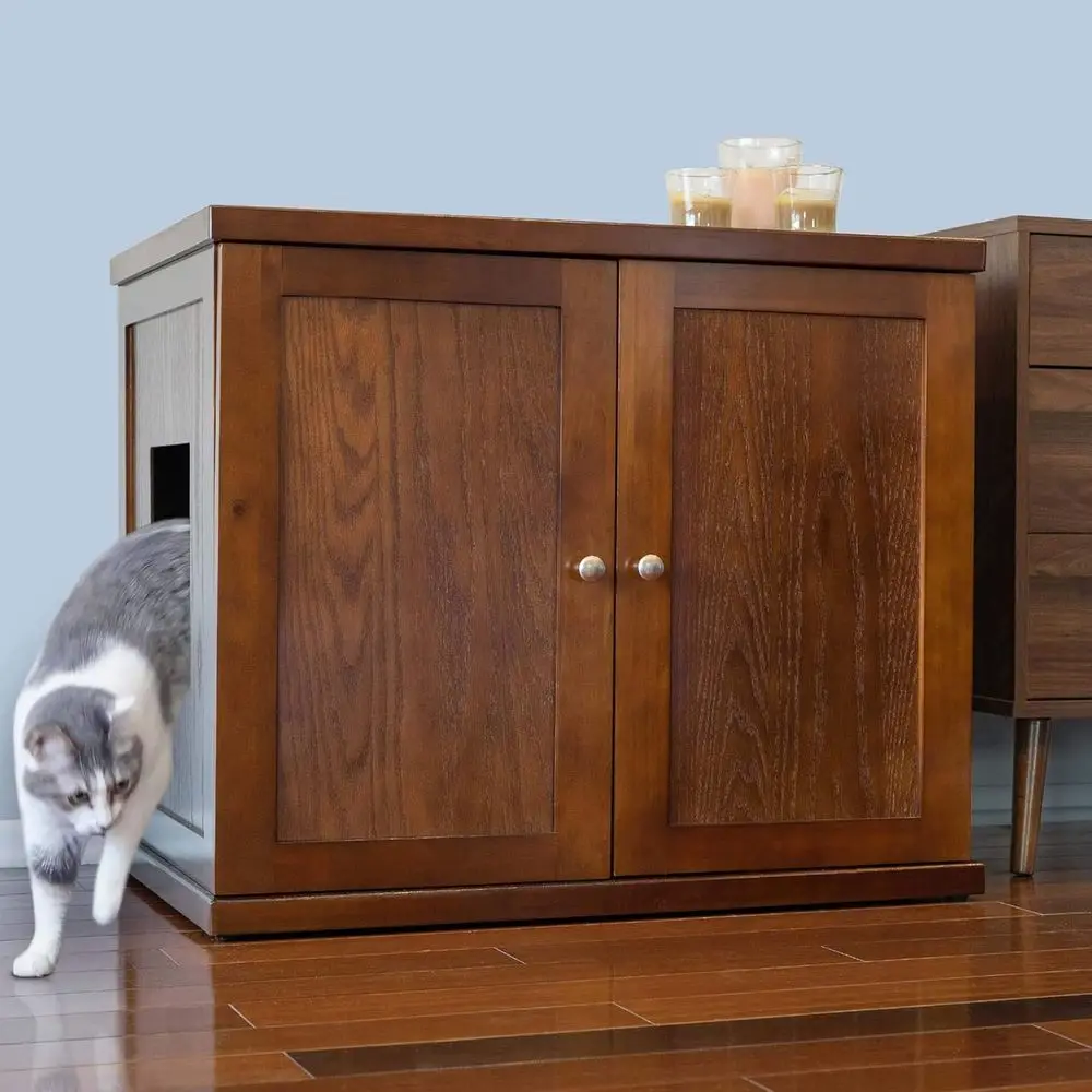 

Large Adjustable Cat Litter Box Cabinet in Mahogany Brown, Concealing Furniture with Door