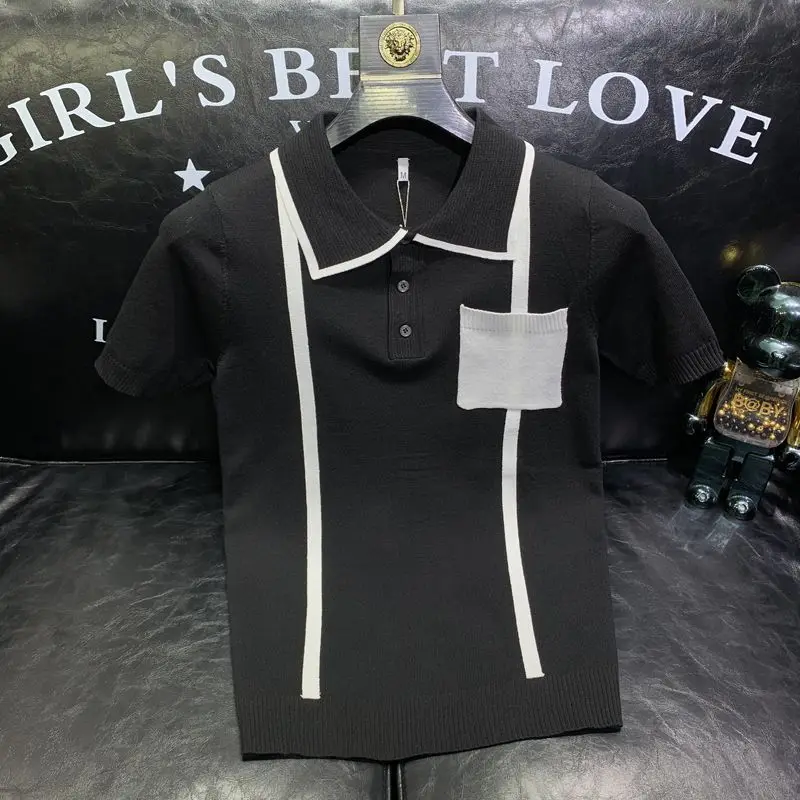 محبوك قميص بولو بأكمام قصيرة للرجال موضة الاتجاه الشباب وسيم تنوعا عادية التلبيب تي شيرت العصرية