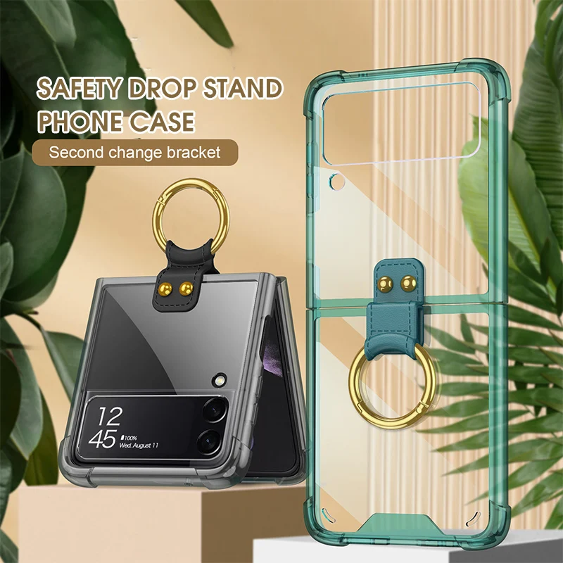 For Samsung Galaxy Z Flip 5 4 3 Case Ring Bracket Folding Anti-Fall Colored Transparent Four Corners Shockproof Back Hard Cover