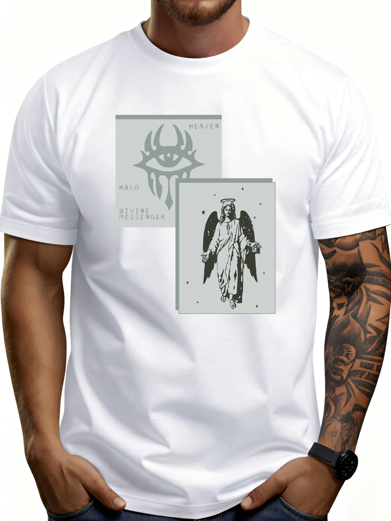 Casual Graphic Men's T-Shirt Angelic Messenger and Halo Design Summer Wear Suitable for Religious Art Enthusiasts